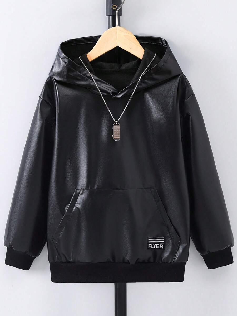 SHEIN Cậu bé Tween Thư được vá Túi kangaroo áo có mũ Da giả - màu đen - Xem 1