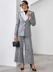 SHEIN Privé Plaid Print Lapel Neck Blazer & Wide Leg Pants - Multicolor - View 4