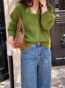 纯色落肩纽扣开衫、长袖上衣