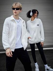 SWAVVY 1pc Loose Fit Teddy Jacket With Letter Patches And Drop Shoulder Design - White - View 8