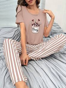 Striped & Letter Graphic PJ Set - Brown - View 6