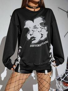PUNK 万圣节字母和数字图案系带侧落肩套头卫衣秋季卫衣 - 黑色 - 查看 6