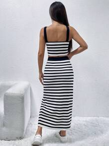 SHEIN EZwear Striped Pattern Cami Knit Top & Split Thigh Knit Skirt