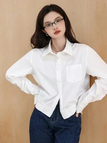 DAZY Camisa unicolor con botón delantero con parche de bolsillo - Blanco - Ver 4