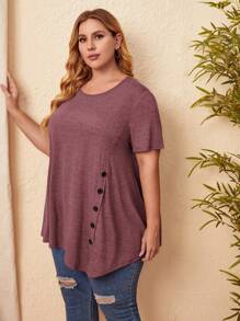 EMERY ROSE Plus Button Detail Asymmetrical Hem Tee