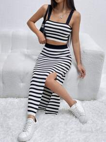 SHEIN EZwear Striped Pattern Cami Knit Top & Split Thigh Knit Skirt