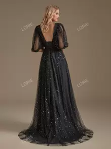 Lantern Sleeve Split Thigh Mesh Formal Dress