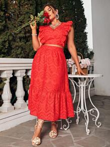 Glamaker Plus Ruffle Trim Crop Top & Skirt - Red - View 1