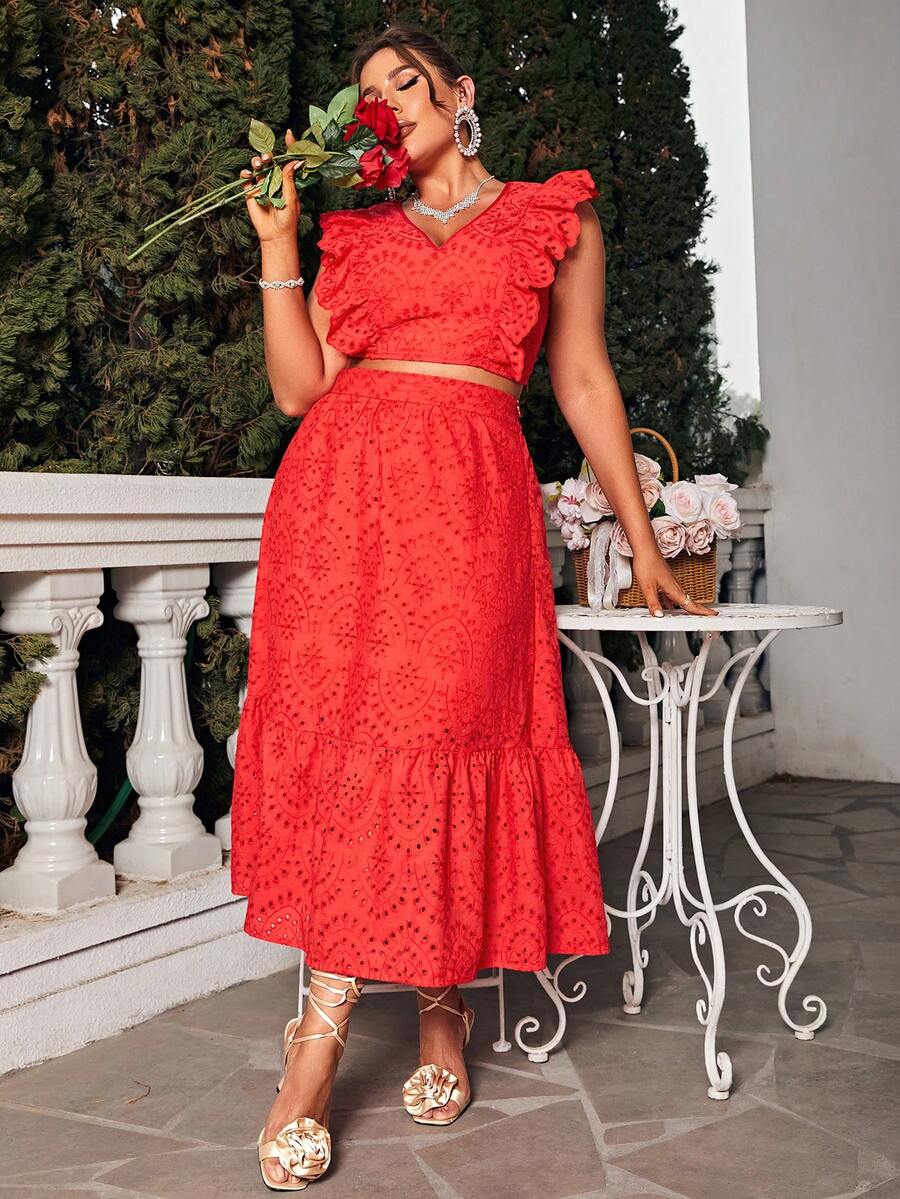 Glamaker Plus Ruffle Trim Crop Top & Skirt - Red - View 1