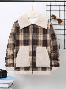 SHEIN Tween Boy Plaid Print Teddy Lined Zipper Overcoat Without Sweater