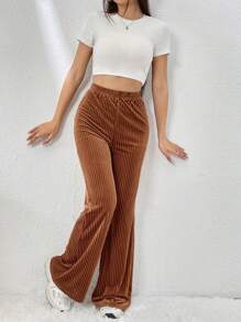 SHEIN EZwear Solid Flare Leg Pants - Brown - View 5