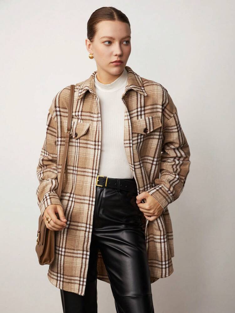 Plaid Print Drop Shoulder Flap Detail Overcoat
