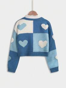 SHEIN Tween Girl 1pc Heart Pattern Drop Shoulder Duster Cardigan - Blue and White - View 2