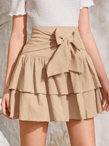 SHEIN Teen Girls Tie Front Two Layer Hem Skirt - Khaki - View 4
