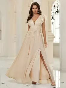 SHEIN Belle Đầm dự tiệc xẻ đùi đính sequin tương phản, đầm dự tiệc trang trọng cho nữ, váy dự tiệc cưới thanh lịch, dự tiệc tốt nghiệp, tiệc tối - Màu be - Xem 5