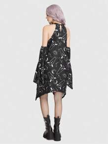 ROMWE Goth Vestido con estampado de luna & cruz con malla en contraste bajo asimétrico - Blanco y Negro - Ver 3