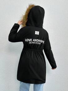 SHEIN 少女标语图案毛绒装饰连帽松紧腰带保暖衬里外套 - 黑色 - 查看 1
