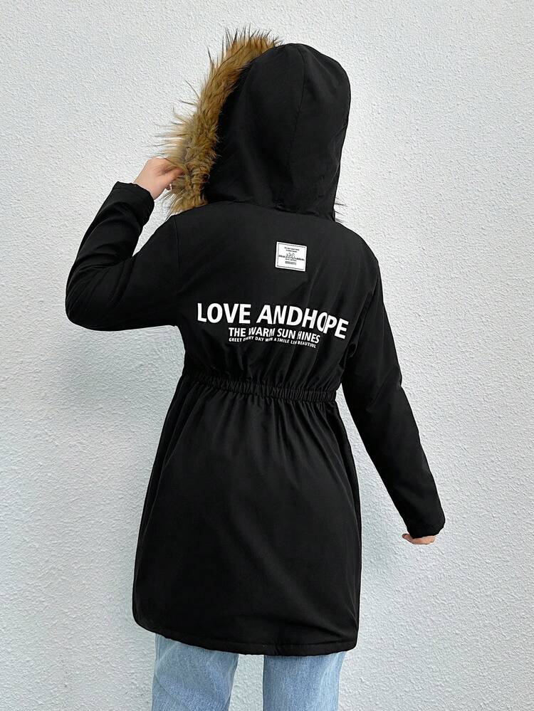 Teen Girl Slogan Graphic Fuzzy Trim Hooded Elastic Waist Thermal Lined Coat