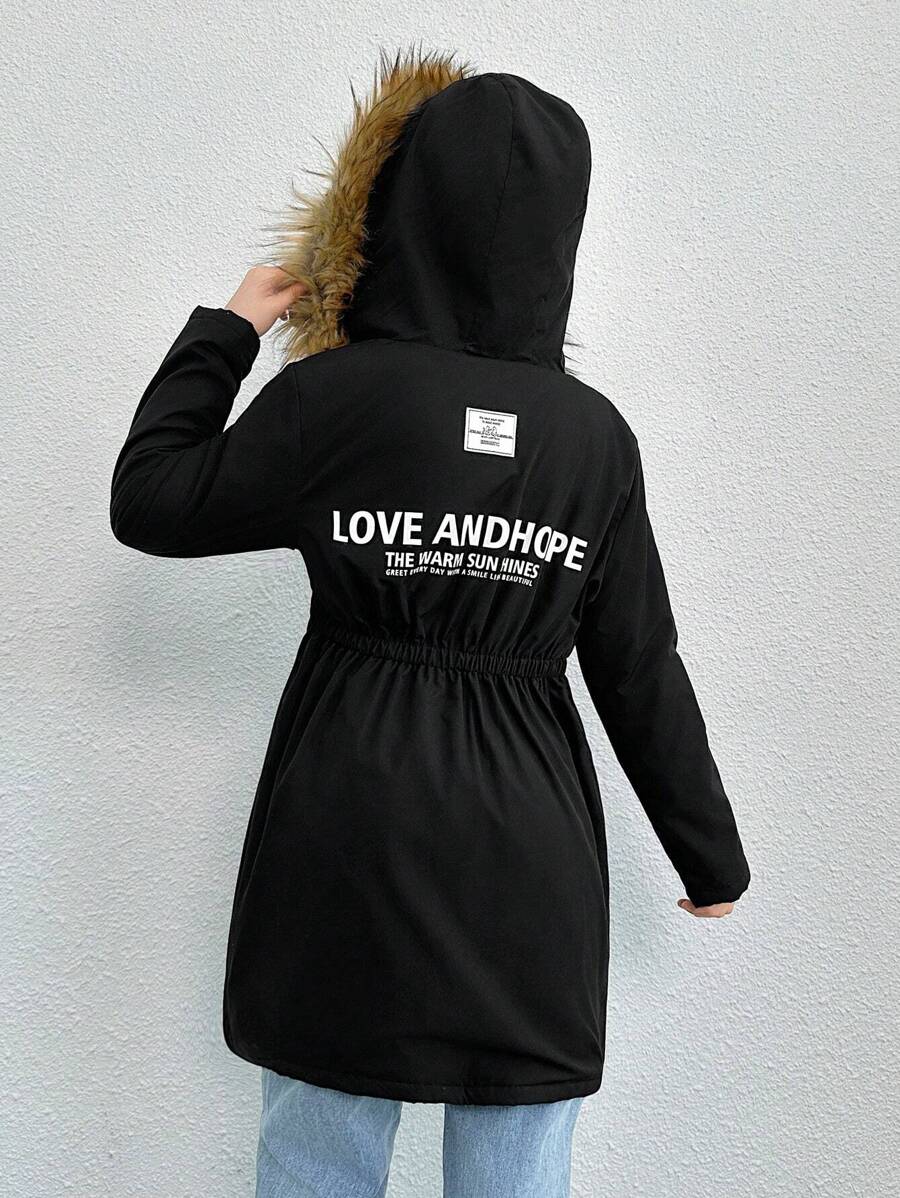 SHEIN 少女标语图案毛绒装饰连帽松紧腰带保暖衬里外套 - 黑色 - 查看 1