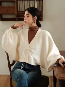 DAZY Áo khoác cardigan tay loe thắt nút phía trước, quần áo mùa thu - Màu be - Xem 8