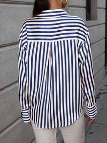 SHEIN Clasi Striped Print Drop Shoulder Shirt - Blue and White - View 3