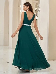 SHEIN Belle 亮片細節雪紡伴娘洋裝 - 墨綠色 - 查看 2