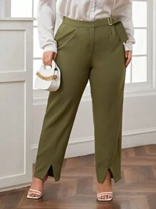 SHEIN Essnce 大碼素色下擺開叉西裝褲 - 綠色 - 查看 5
