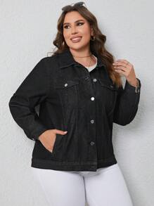 SHEIN Privé Áo khoác denim có túi nắp Plus - màu đen - Xem 2