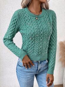 SHEIN Clasi Chất rắn Ngọc trai đính cườm Xoắn Dan Áo len - màu xanh lá - Xem 6