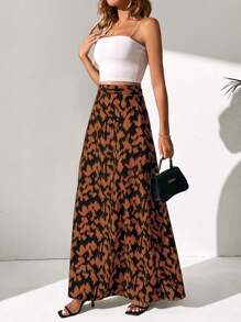 SHEIN Tall Allover Print High Waist Maxi Skirt - Coffee Brown - View 3