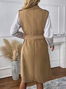SHEIN LUNE Double Breasted Belted Vest Trench Coat - Khaki - View 2