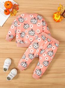 SHEIN Đứa bé gái Đồ họa Hoạt hình Tay Raglan Áo len & Quần nỉ - Hồng - Xem 2