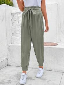 SHEIN Frenchy Paperbag Waist Belted Pants - Green - View 5