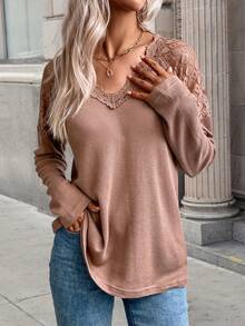 SHEIN LUNE 蕾絲拼接插肩袖T恤 - 棕色 - 查看 5