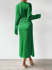 SHEIN Clasi Mock Neck Ruched Detail Dress - Green - View 2