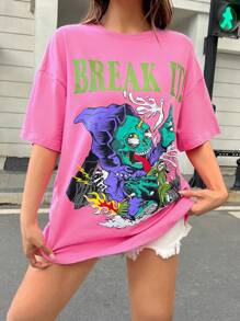 Muchica 骷髏頭和字母圖案落肩T恤 - 玫紅色 - 查看 4