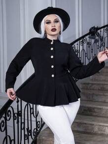 SHEIN LUNE Plus Halloween Button Front Peplum Hem Jacket Fall Cloth For Women - Black - View 4