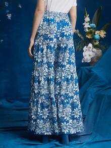 FURNANDA Frida Kahlo X SHEIN X Designer In hoa Quần ống rộng - Xanh và trắng - Xem 2