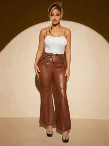 SHEIN SXY Lace Up Front Flare Leg Patent Pants - Coffee Brown - View 7