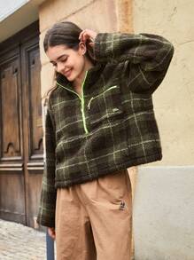 In My Nature Plaid Print Zip Up Drop Shoulder Outdoor Fleece Jacket