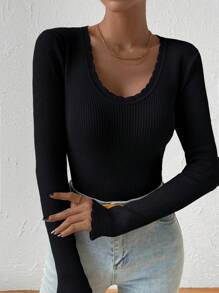 Chiquease Jersey de punto acanalado, blusa de encaje de contraste casual de primavera/otoño para damas, jersey de manga larga ajustado de punto acanalado, básico de manga regular, suéteres de mujer de punto para otoño e invierno - Negro - Ver 3