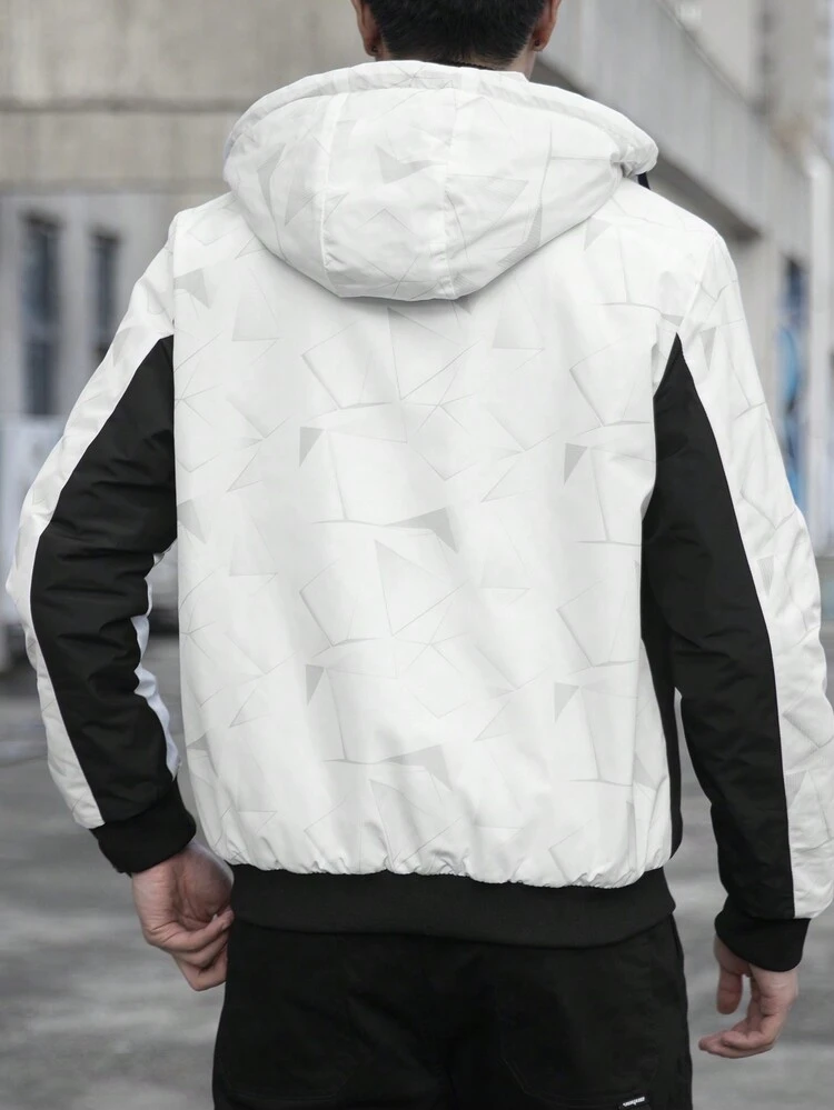 Men Geo Print Zip Up Drawstring Hooded Padded Coat
