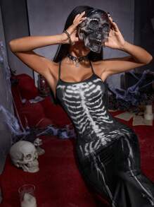 SHEIN ICON Halloween Skeleton Print Cami Dress - Black and White - View 4