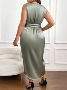 Celure Plus Split Thigh Belted Satin Dress - Army Green - View 2