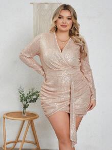 Eilly Bazar Plus Size Women's Sequined Wrap Dress - Apricot - View 1