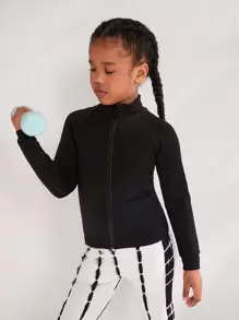 SHEIN Cô gái Tween Cổ giả Dây kéo Hoạt động Áo khoác - màu đen - Xem 1