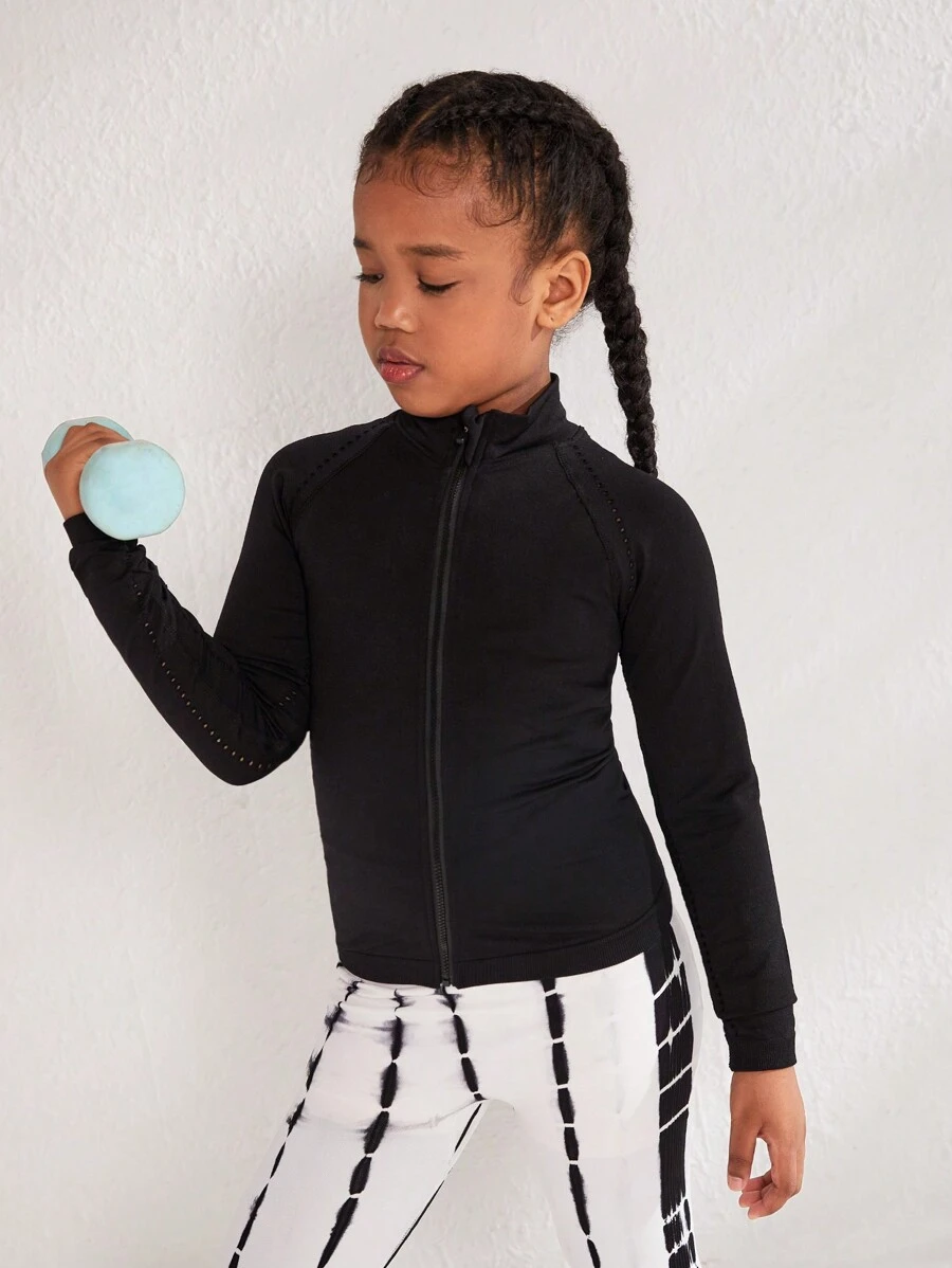 SHEIN Cô gái Tween Cổ giả Dây kéo Hoạt động Áo khoác - màu đen - Xem 1