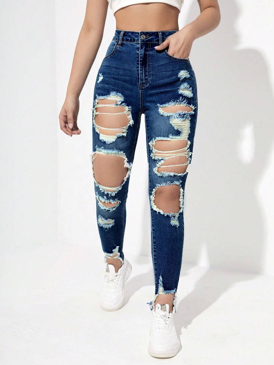 Jeanoix Ripped Raw Hem Skinny Jeans Ripped Jeans - Dark Wash - View 1