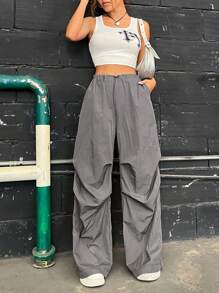 SHEIN Coolane Solid Drawstring Waist Cargo Pants - Grey - View 4