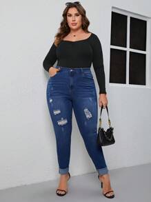 SHEIN Privé 大碼高腰破洞卷邊緊身牛仔褲 - 深色水洗藍 - 查看 5